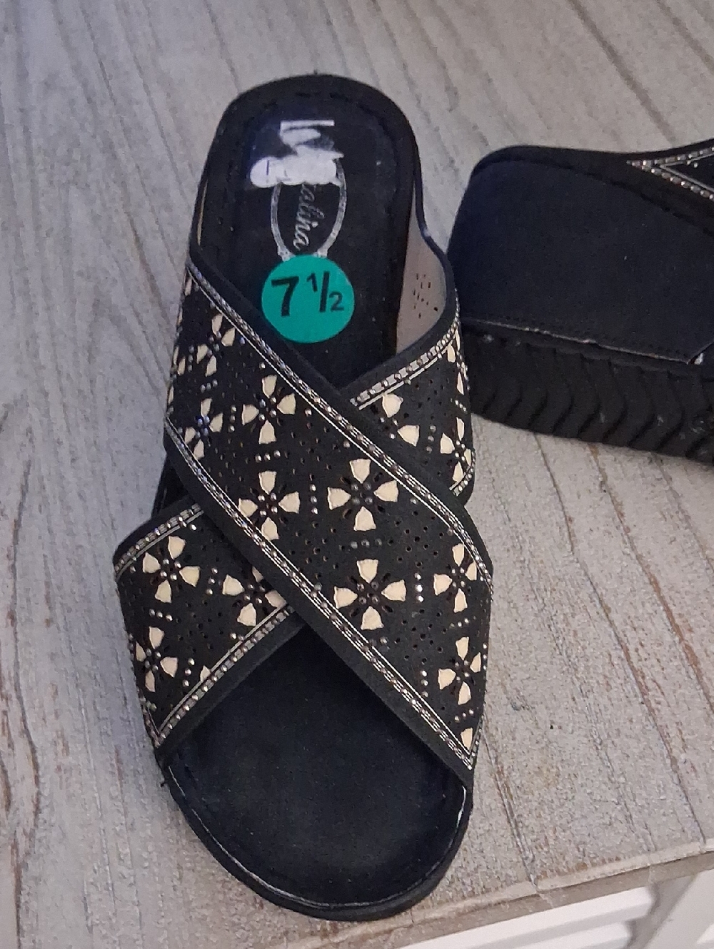 Atalina Black and Cream Crisscross Wedge Sandals - Picture 3 of 9